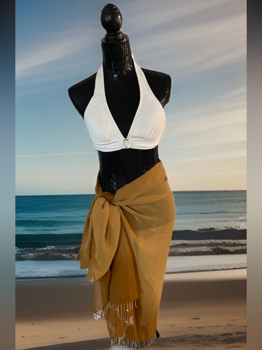 Brown Ombré Dress Sarong Beach Poolside Swimsuit Coverup Long Scarf Wrap Beaded